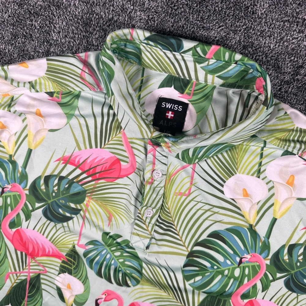 Swiss Alps Polo Shirt Mens Large Tropical Flamingo Floral AOP Green Short Sleeve